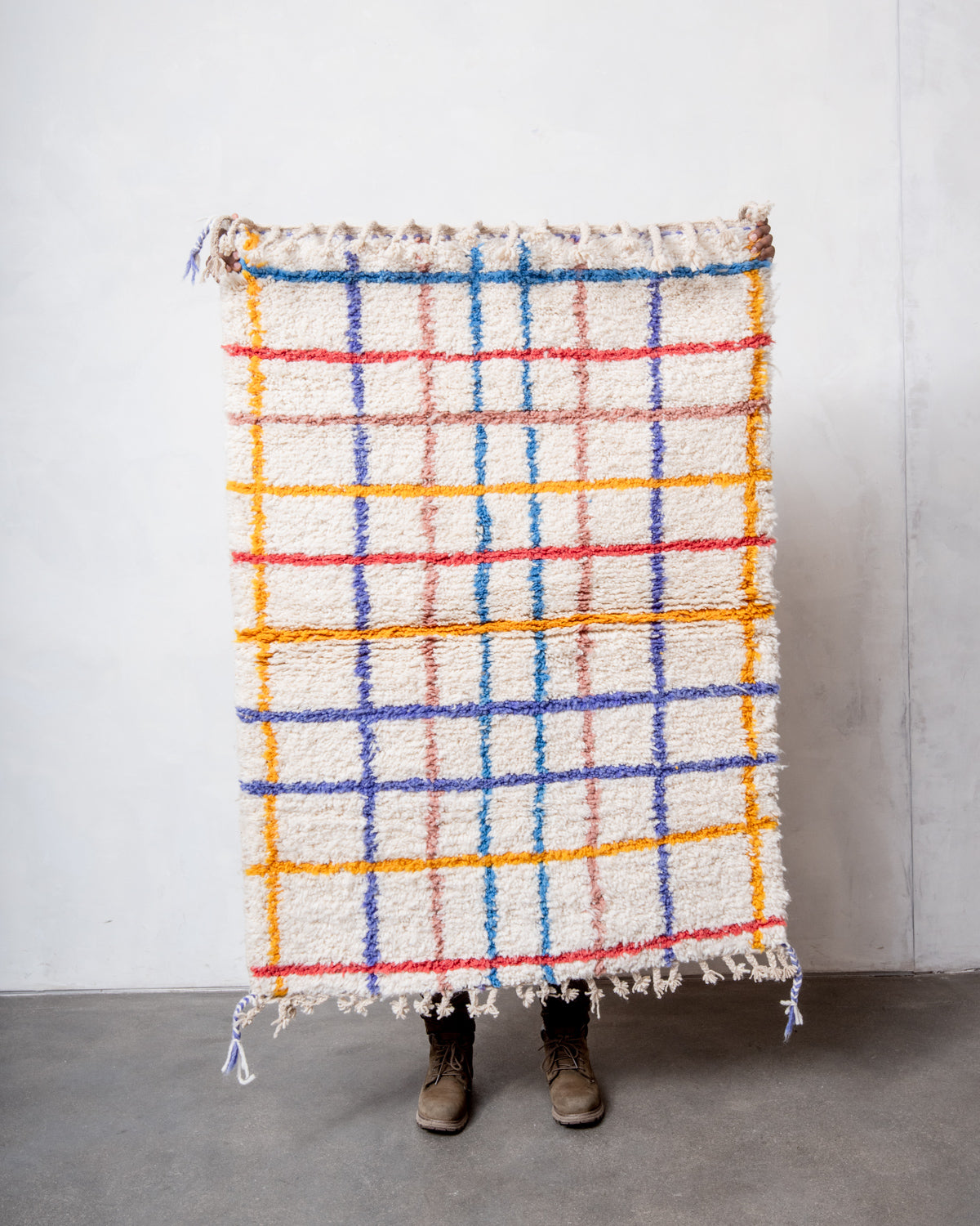 Modern, designer, handcrafted Berber rug from Morocco. Beniourain carpet with beautiful colours and patterns and fluffy wool texture.